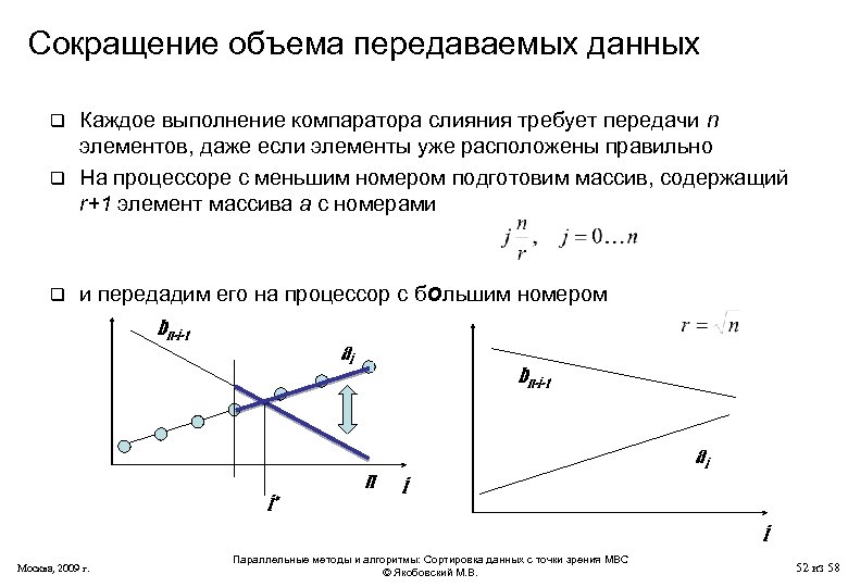 Сокращение объема передаваемых данных Каждое выполнение компаратора слияния требует передачи n элементов, даже если