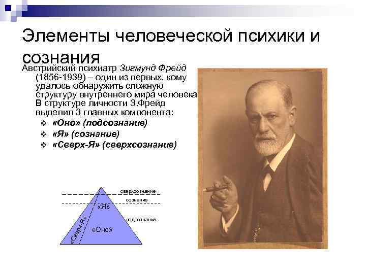 Элементы человеческой психики и сознания Зигмунд Фрейд Австрийский психиатр (1856 -1939) – один из
