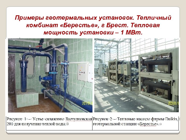 Примеры геотермальных установок. Тепличный комбинат «Берестье» , г Брест. Тепловая мощность установки – 1