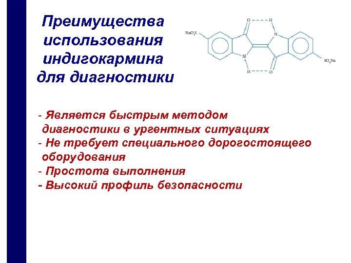 Преимущества использования индигокармина для диагностики - Является быстрым методом диагностики в ургентных ситуациях -