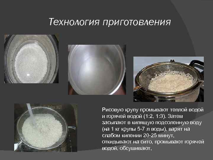 Технология приготовления Рисовую крупу промывают теплой водой и горячей водой (1: 2, 1: 3).