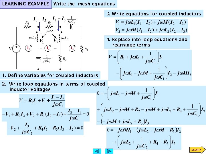 LEARNING EXAMPLE Write the mesh equations 3. Write equations for coupled inductors 4. Replace