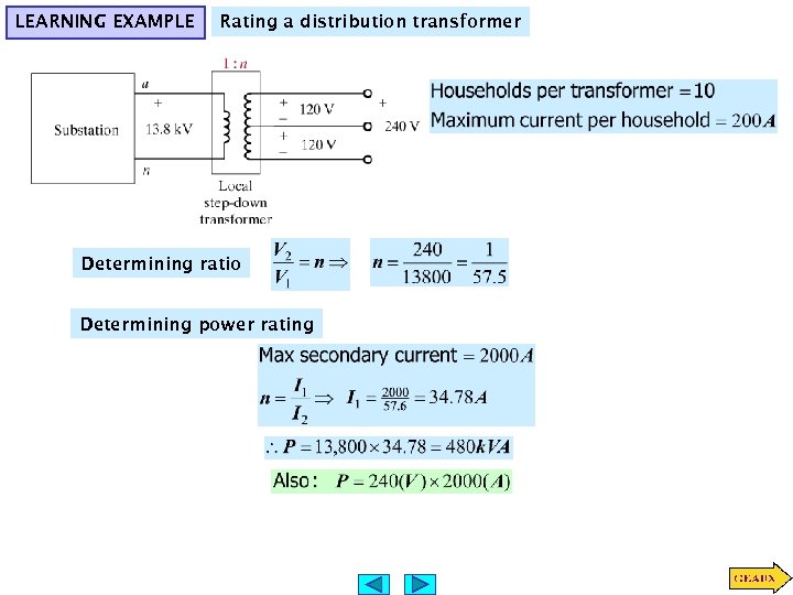 LEARNING EXAMPLE Rating a distribution transformer Determining ratio Determining power rating 