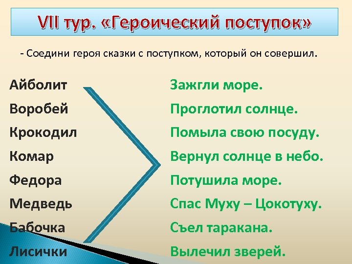 VII тур. «Героический поступок» - Соедини героя сказки с поступком, который он совершил. Айболит
