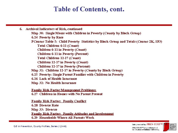Table of Contents, cont. 6. Archival Indicators of Risk, continued Map 30: Single Moms