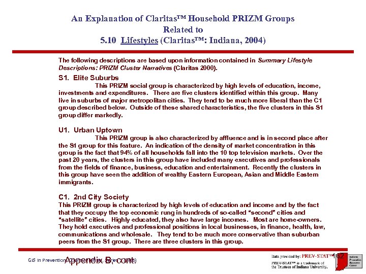 An Explanation of Claritas™ Household PRIZM Groups Related to 5. 10 Lifestyles (Claritas™: Indiana,