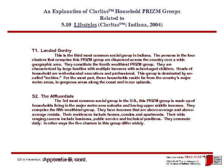 An Explanation of Claritas™ Household PRIZM Groups Related to 5. 10 Lifestyles (Claritas™: Indiana,