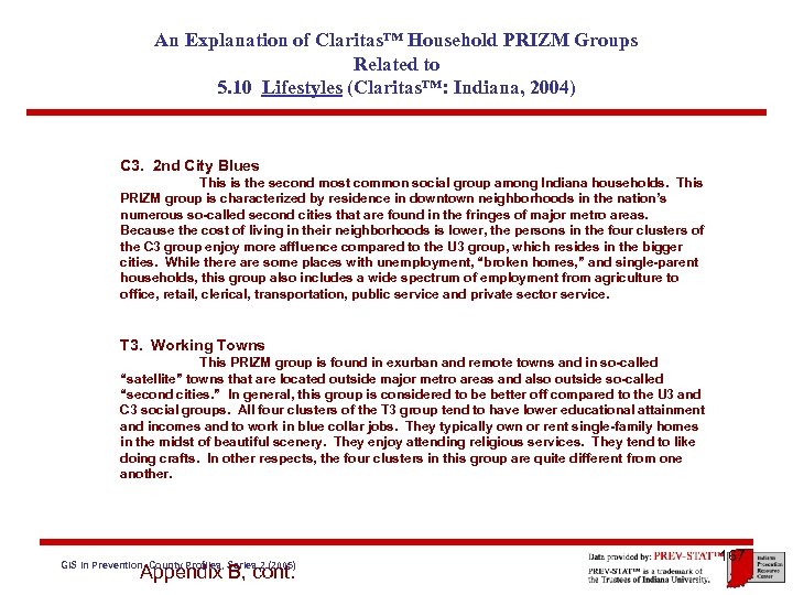 An Explanation of Claritas™ Household PRIZM Groups Related to 5. 10 Lifestyles (Claritas™: Indiana,