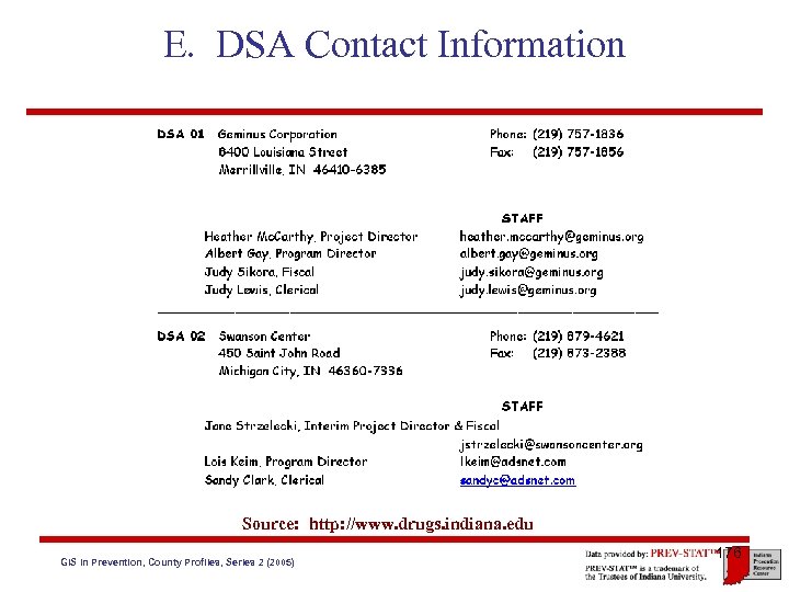E. DSA Contact Information Source: http: //www. drugs. indiana. edu GIS in Prevention, County