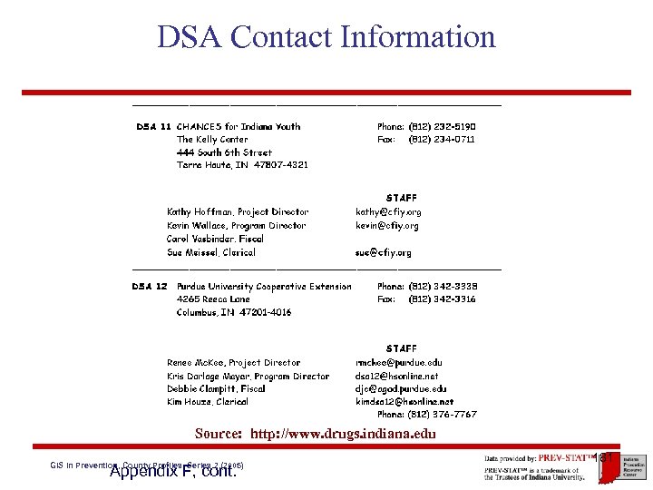 DSA Contact Information Source: http: //www. drugs. indiana. edu GIS in Prevention, County Profiles,