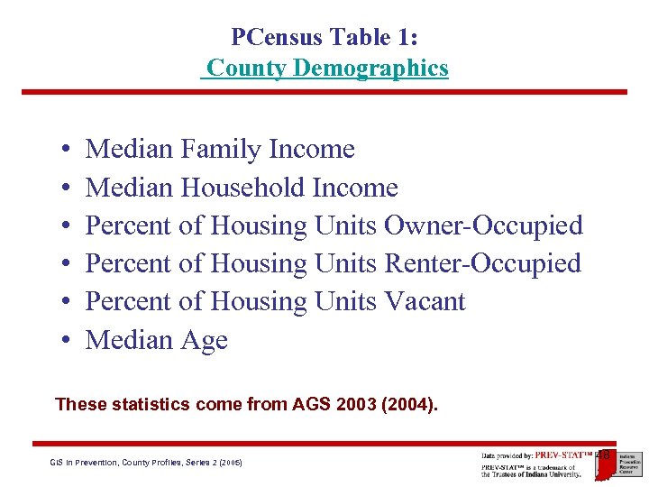 PCensus Table 1: County Demographics • • • Median Family Income Median Household Income