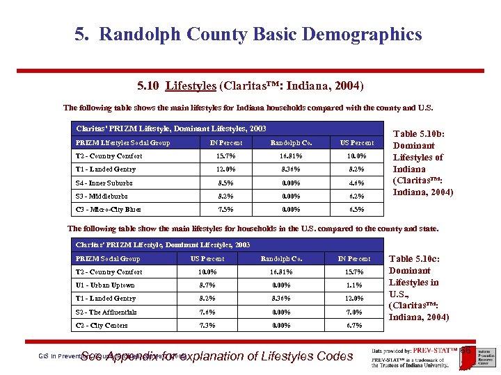 5. Randolph County Basic Demographics 5. 10 Lifestyles (Claritas™: Indiana, 2004) The following table