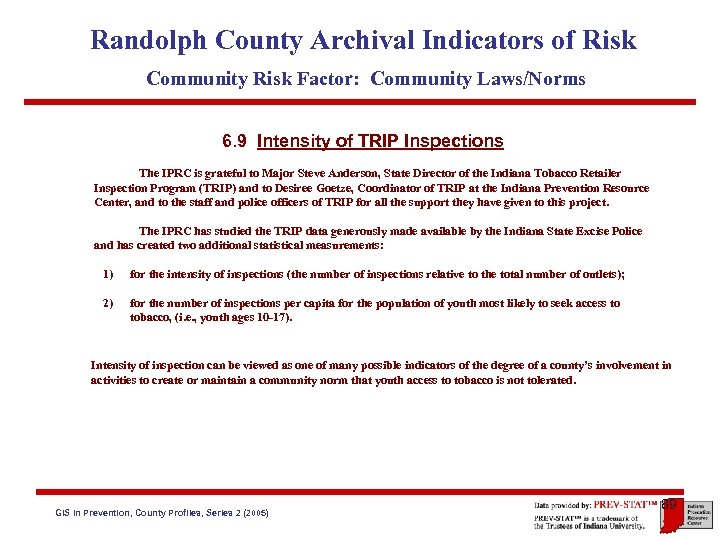 Randolph County Archival Indicators of Risk Community Risk Factor: Community Laws/Norms 6. 9 Intensity