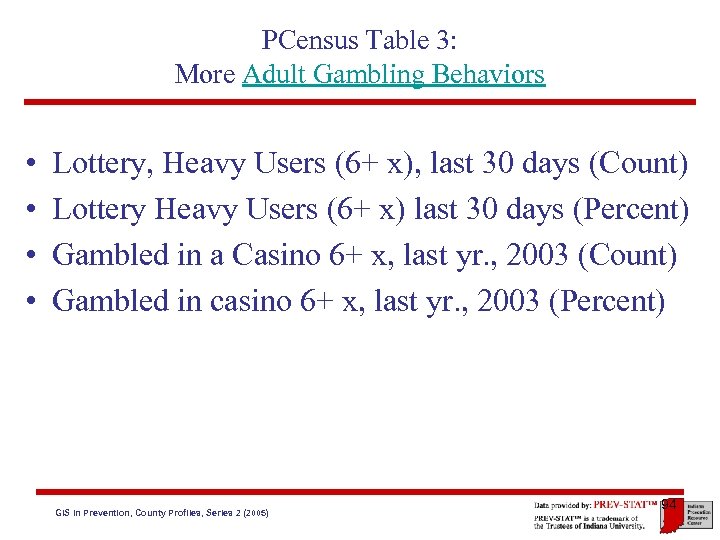 PCensus Table 3: More Adult Gambling Behaviors • • Lottery, Heavy Users (6+ x),