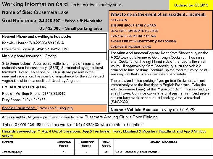 Working Information Card to be carried in safety sack Name of Site: Crosemere Lake