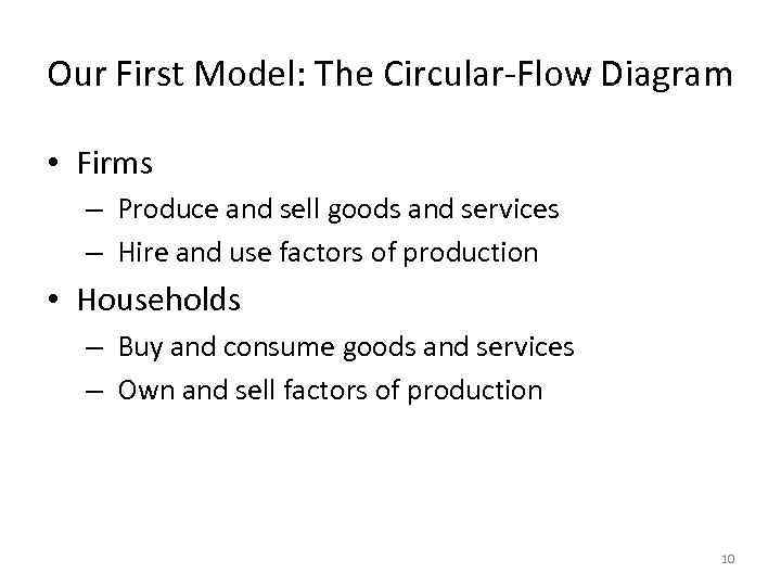 Our First Model: The Circular-Flow Diagram • Firms – Produce and sell goods and