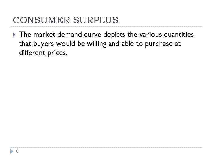CONSUMER SURPLUS The market demand curve depicts the various quantities that buyers would be