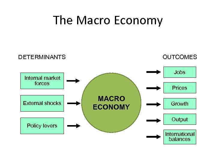 The Macro Economy DETERMINANTS OUTCOMES Jobs Internal market forces External shocks Prices MACRO ECONOMY