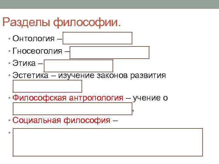 Разделы философии. • Онтология – учение о бытие, • Гносеоголия – учение о познании,