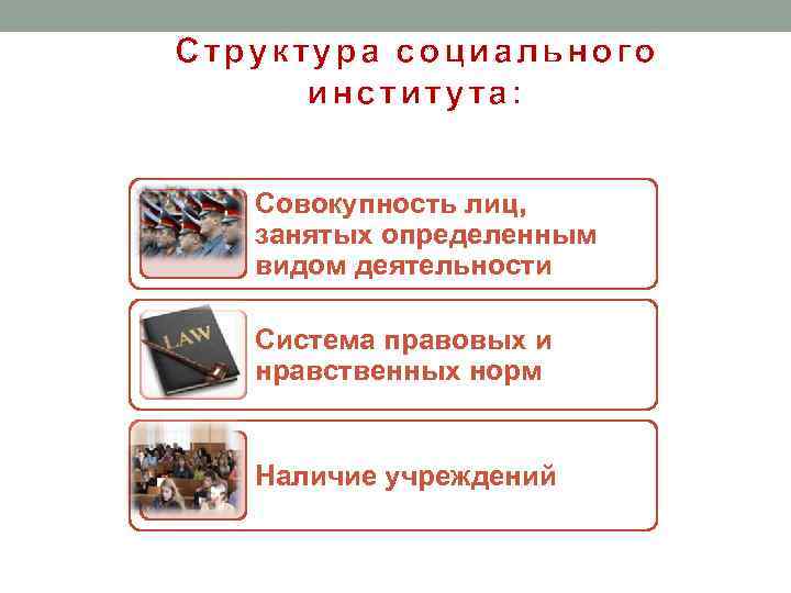 Структура социального института: Совокупность лиц, занятых определенным видом деятельности Система правовых и нравственных норм