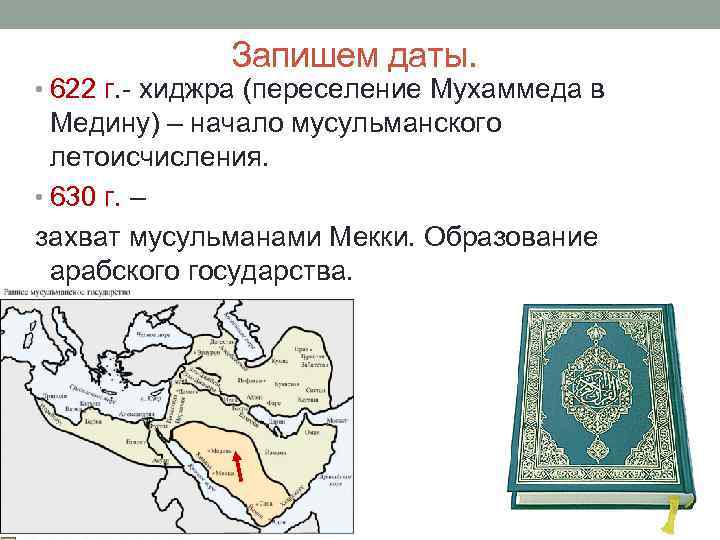 Запишем даты. • 622 г. - хиджра (переселение Мухаммеда в Медину) – начало мусульманского