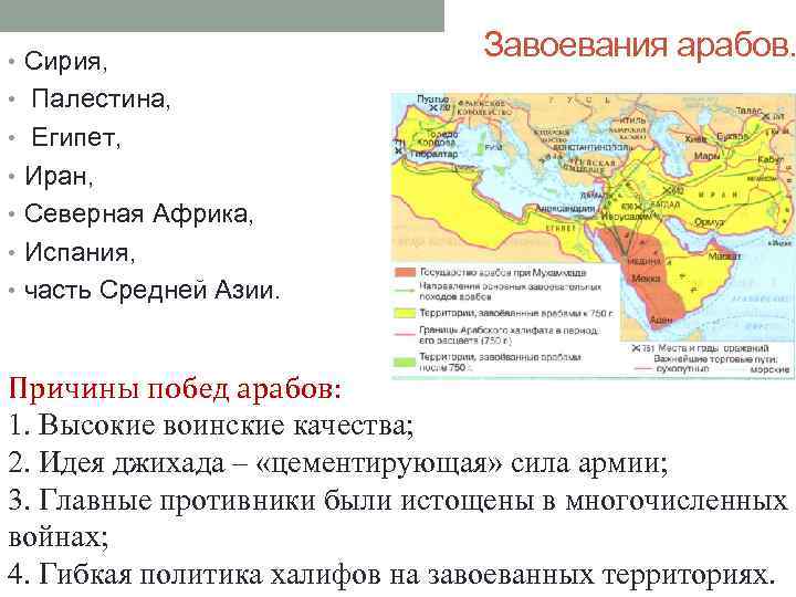  • Сирия, Завоевания арабов. • Палестина, • Египет, • Иран, • Северная Африка,