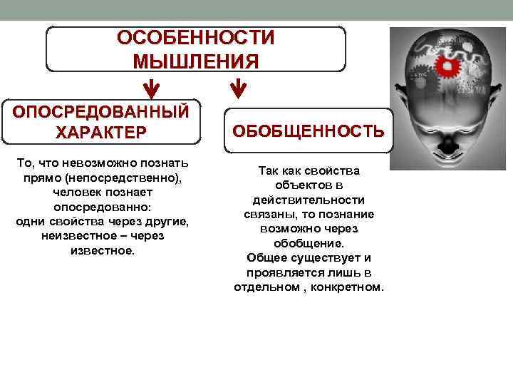 ОСОБЕННОСТИ МЫШЛЕНИЯ ОПОСРЕДОВАННЫЙ ХАРАКТЕР То, что невозможно познать прямо (непосредственно), человек познает опосредованно: одни