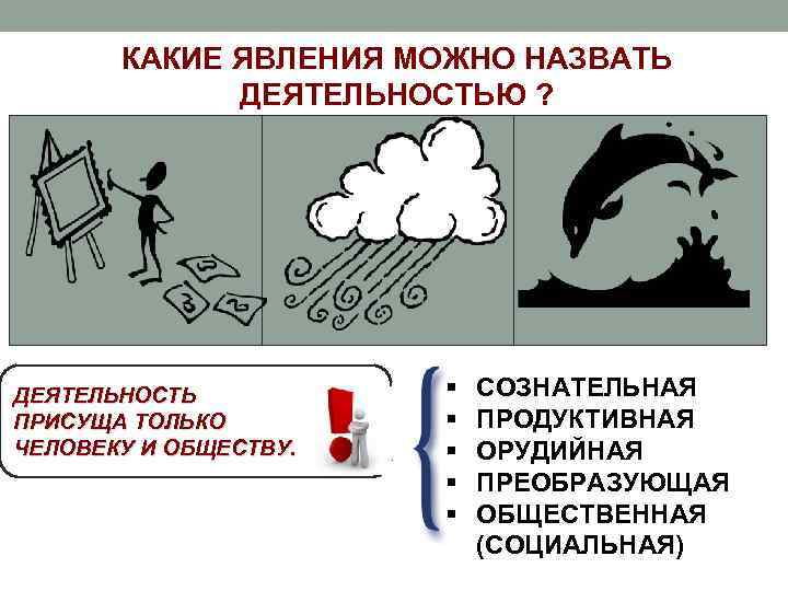 КАКИЕ ЯВЛЕНИЯ МОЖНО НАЗВАТЬ ДЕЯТЕЛЬНОСТЬЮ ? ДЕЯТЕЛЬНОСТЬ ПРИСУЩА ТОЛЬКО ЧЕЛОВЕКУ И ОБЩЕСТВУ. § §