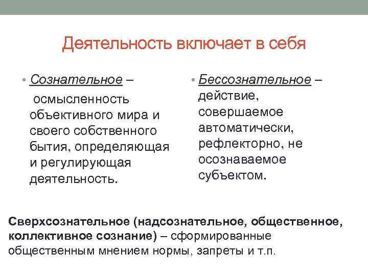Деятельность включает в себя • Сознательное – осмысленность объективного мира и своего собственного бытия,