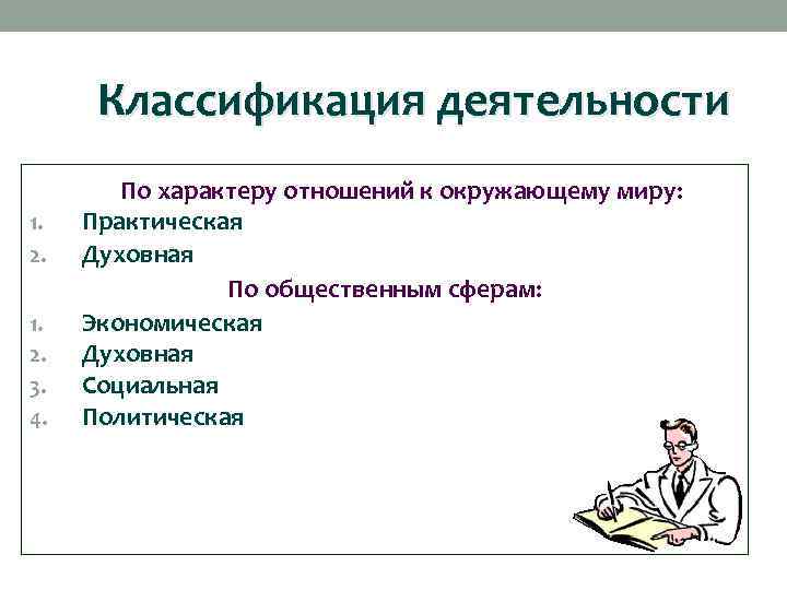 Классификация деятельности По характеру отношений к окружающему миру: 1. 2. 3. 4. Практическая Духовная