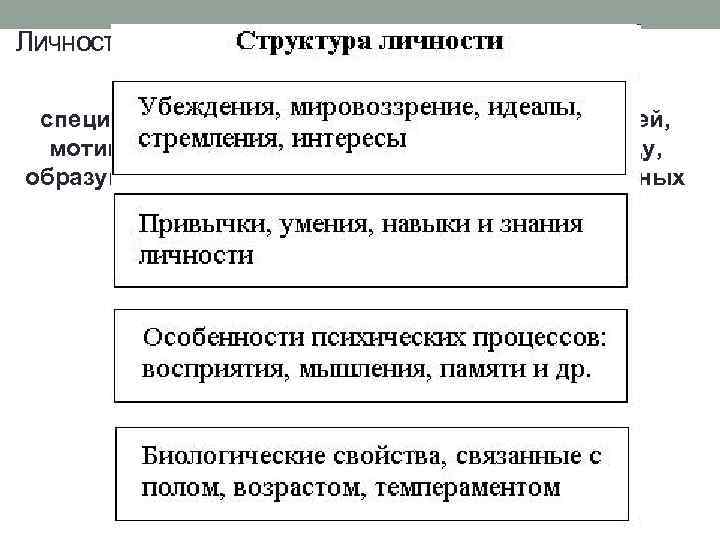 Личность и её структура Структура личности — специфическая организация качеств, способностей, мотивов, ценностей, присущих