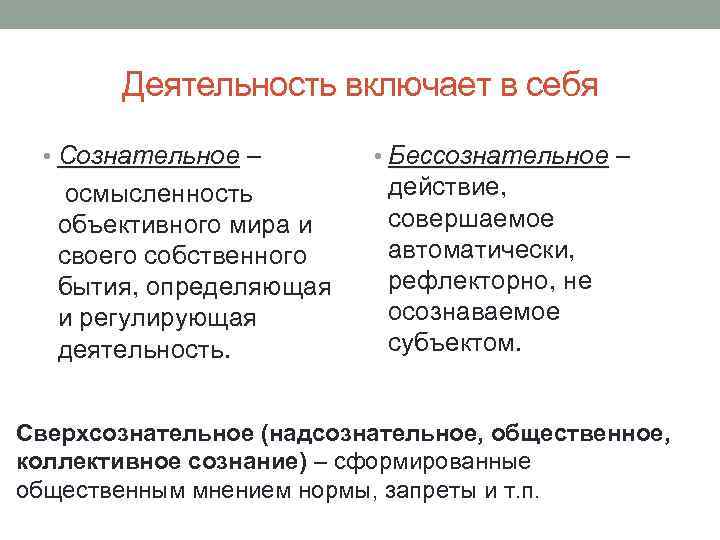 Деятельность включает в себя • Сознательное – осмысленность объективного мира и своего собственного бытия,