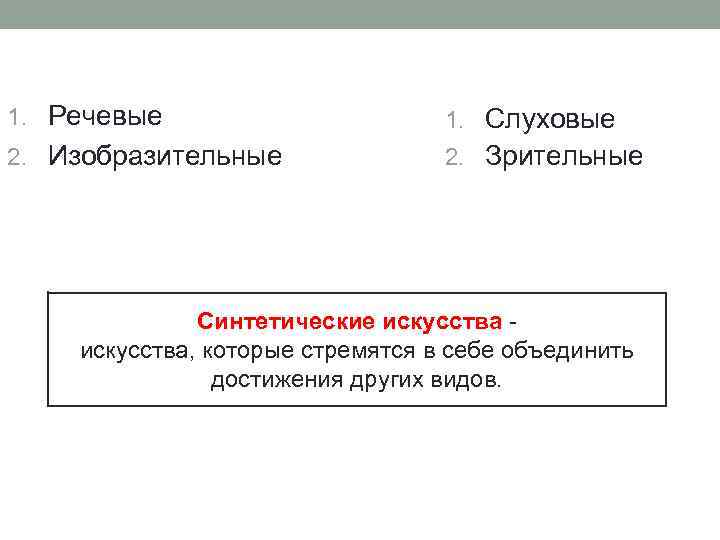 1. Речевые 1. Слуховые 2. Изобразительные 2. Зрительные Синтетические искусства, которые стремятся в себе