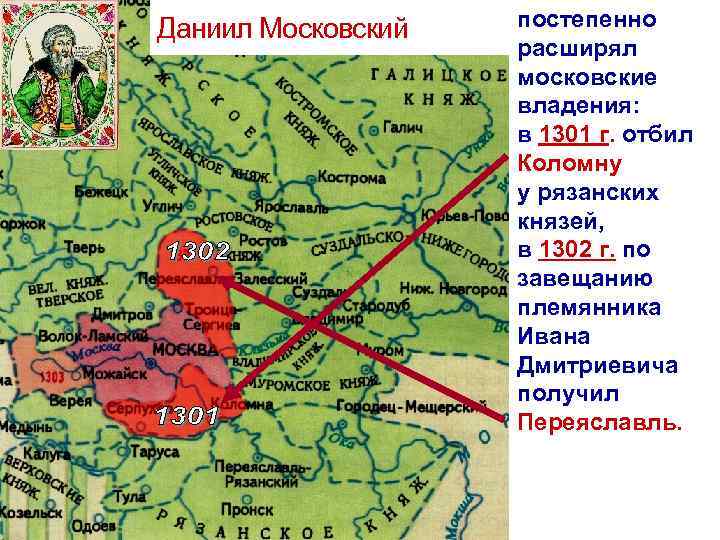 Даниил Московский постепенно расширял московские владения: в 1301 г. отбил Коломну у рязанских князей,