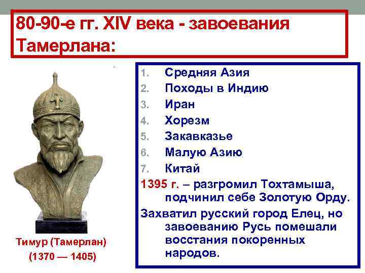 80 -90 -е гг. XIV века - завоевания Тамерлана: Средняя Азия 2. Походы в