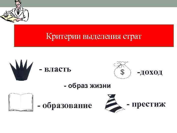 Критерии выделения страт - власть -доход - образ жизни - образование - престиж 