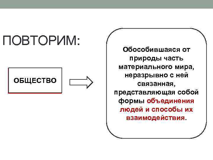 ПОВТОРИМ: ОБЩЕСТВО Обособившаяся от природы часть материального мира, неразрывно с ней связанная, представляющая собой