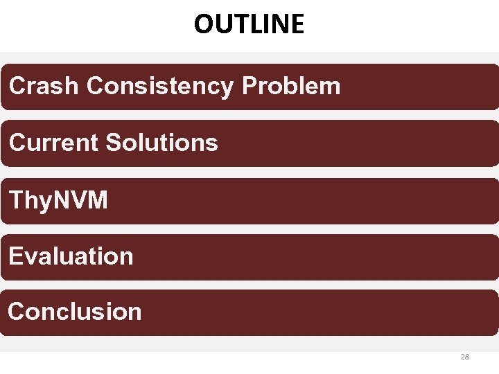 OUTLINE Crash Consistency Problem Current Solutions Thy. NVM Evaluation Conclusion 28 
