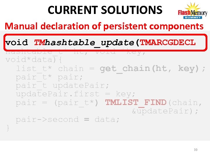 CURRENT SOLUTIONS Manual declaration of persistent components void TMhashtable_update(TMARCGDECL hashtable_t* ht, void *key, void*data){