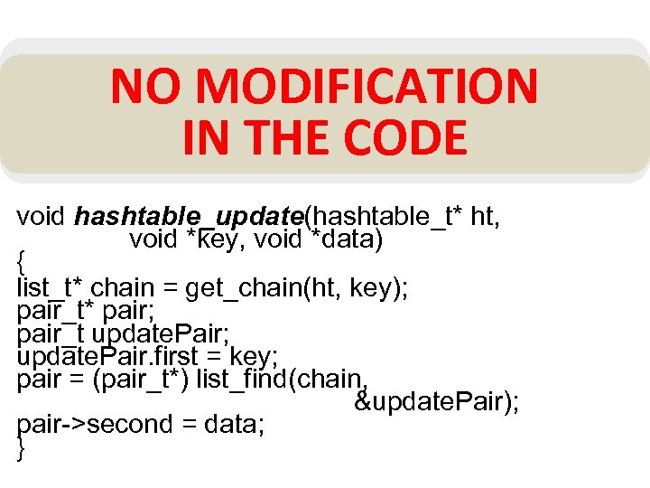 NO MODIFICATION IN THE CODE void hashtable_update(hashtable_t* ht, void *key, void *data) { list_t*