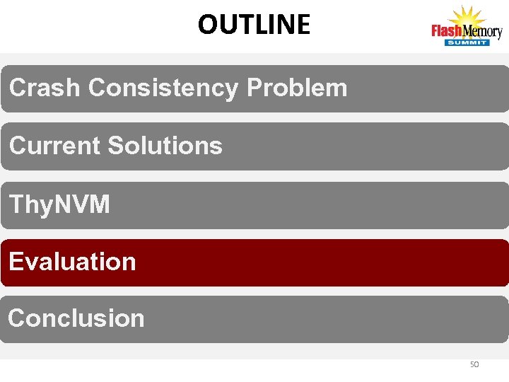 OUTLINE Crash Consistency Problem Current Solutions Thy. NVM Evaluation Conclusion 50 