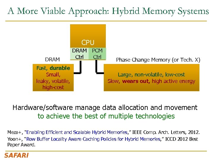 A More Viable Approach: Hybrid Memory Systems CPU DRAM Fast, durable Small, leaky, volatile,