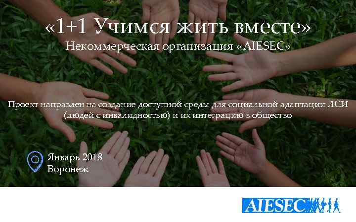  « 1+1 Учимся жить вместе» Некоммерческая организация «AIESEC» Проект направлен на создание доступной