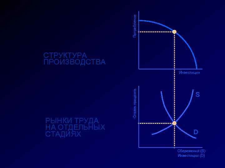 Потребление СТРУКТУРА ПРОИЗВОДСТВА РЫНКИ ТРУДА НА ОТДЕЛЬНЫХ СТАДИЯХ Ставка процента Инвестиции S D Сбережения