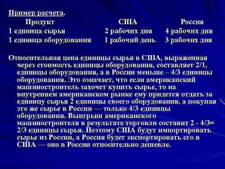 Пример расчета. Продукт 1 единица сырья 1 единица оборудования США 2 рабочих дня 1