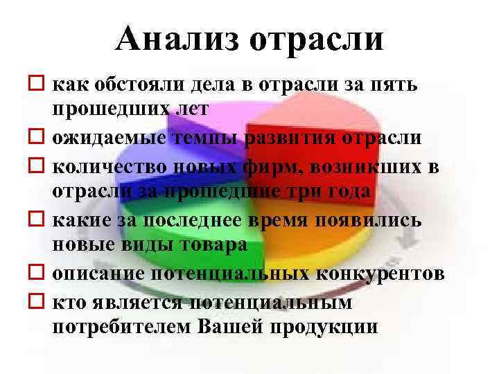 Анализ отрасли o как обстояли дела в отрасли за пять прошедших лет o ожидаемые