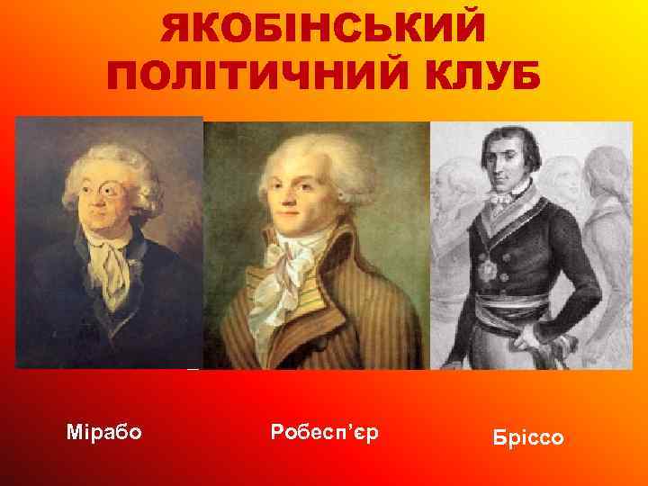 ЯКОБІНСЬКИЙ ПОЛІТИЧНИЙ КЛУБ Мірабо Робесп’єр Бріссо 