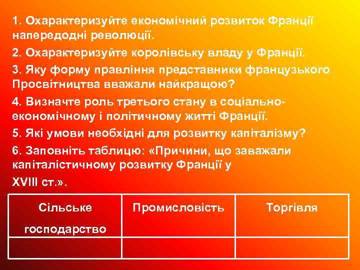 1. Охарактеризуйте економічний розвиток Франції напередодні революції. 2. Охарактеризуйте королівську владу у Франції. 3.