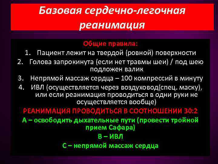 Базовая сердечно-легочная реанимация Общие правила: 1. Пациент лежит на твердой (ровной) поверхности 2. Голова