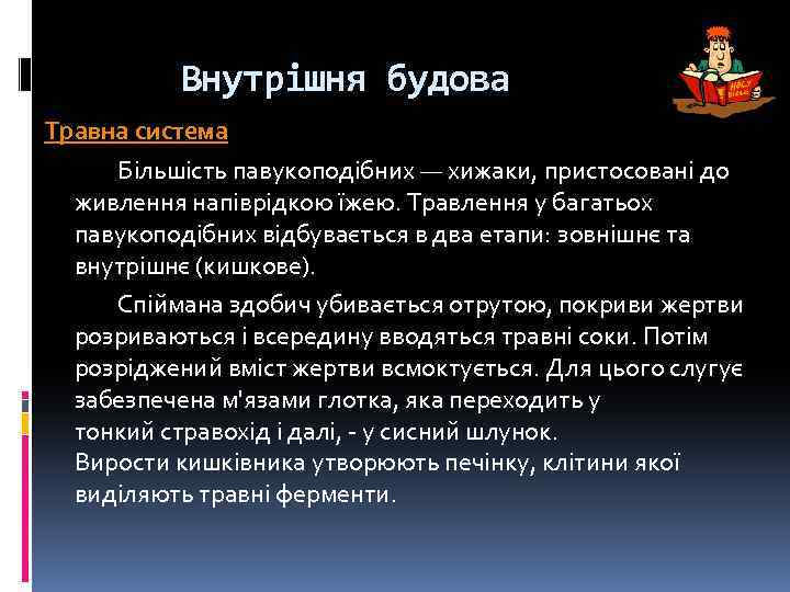 Внутрішня будова Травна система Більшість павукоподібних — хижаки, пристосовані до живлення напіврідкою їжею. Травлення